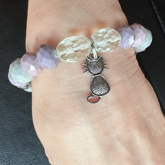 Hand Crafted Jewelry - Handmade cat purple grey stretch bracelet silver